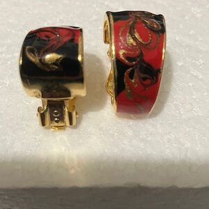 Vivid Red, Gold and Black Clip-On Earrings